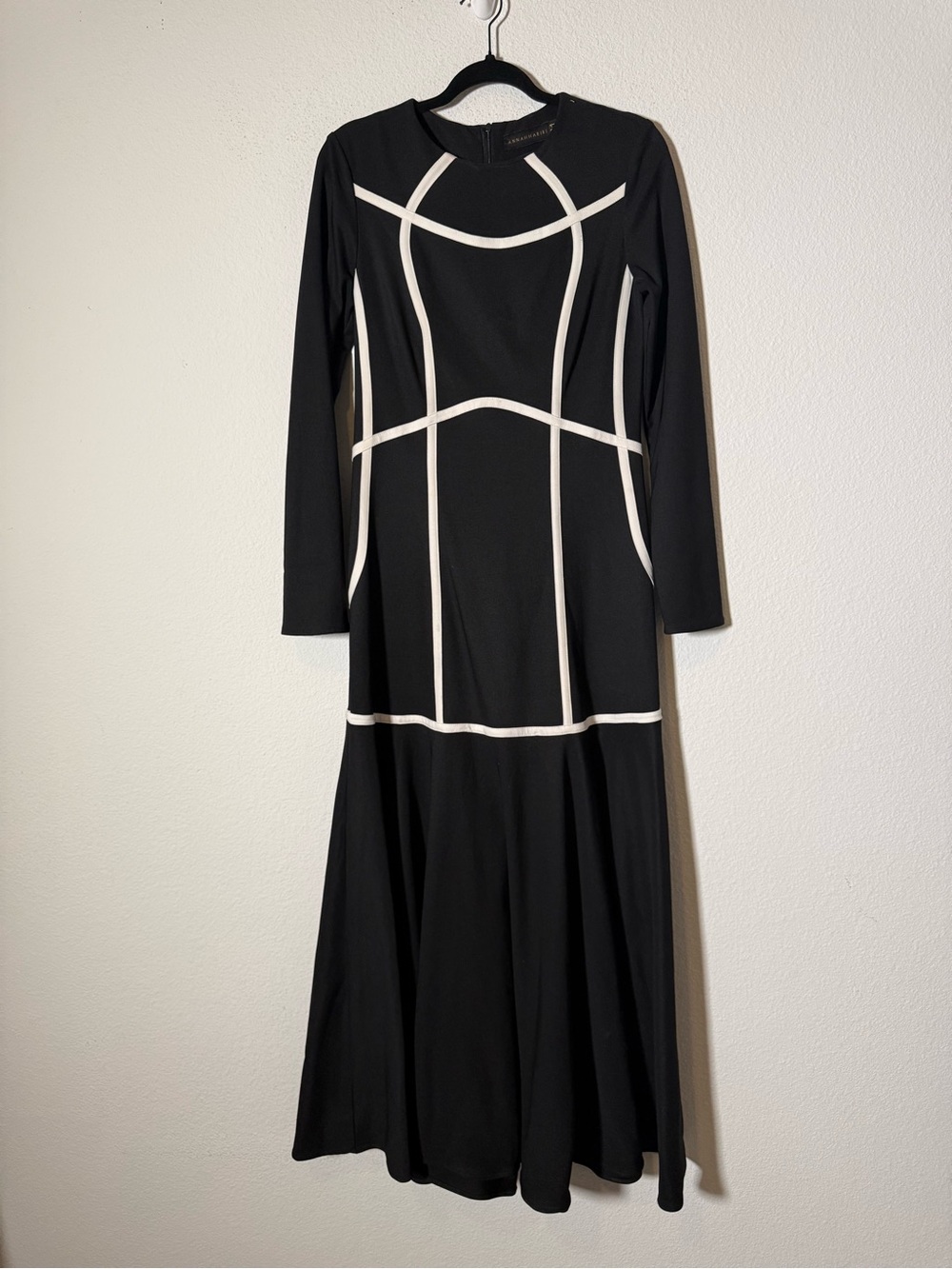Anna Hariri Black Contrast Trim Long Sleeve Fit & Flare Midi Dress